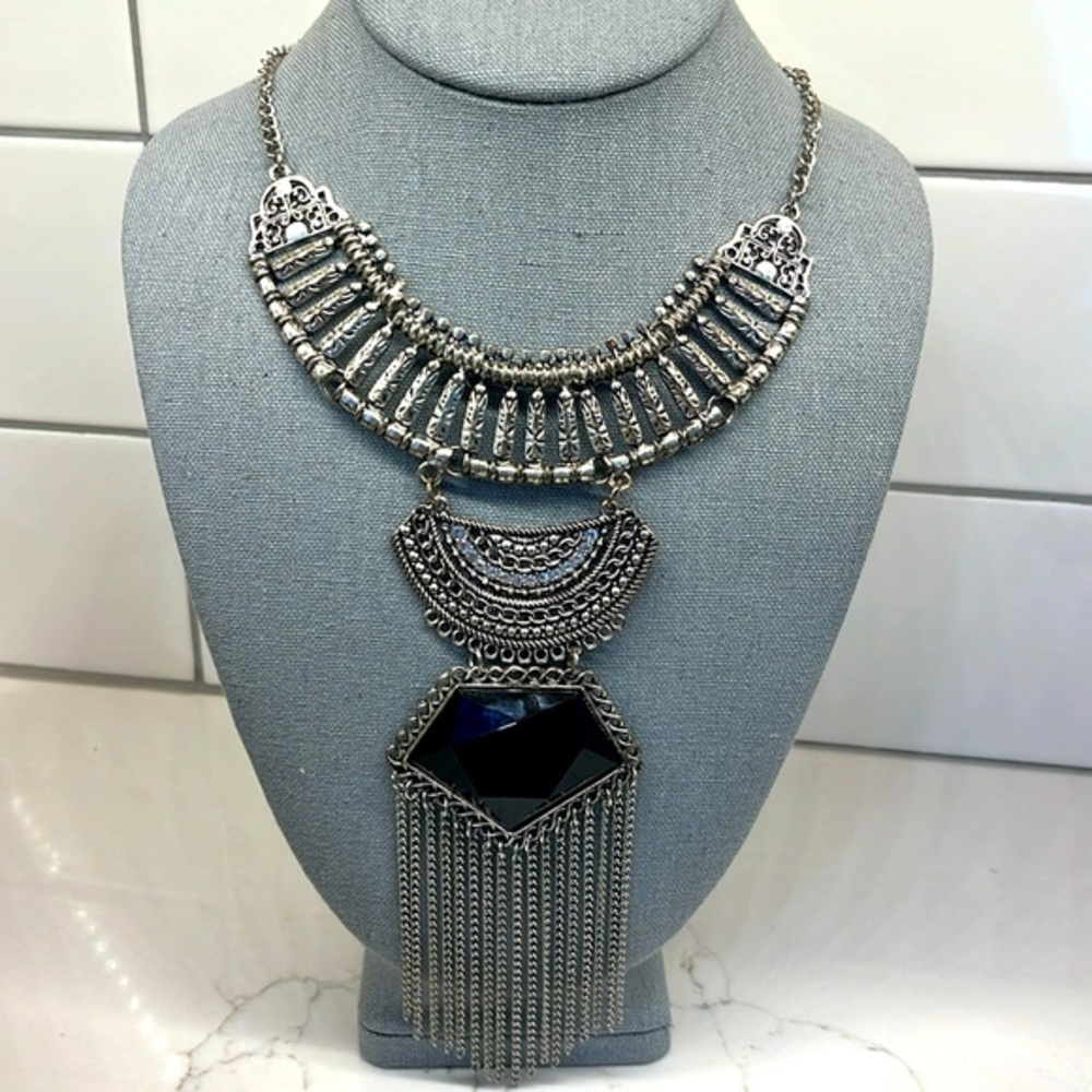 Retro Bohemian Boho Tribal Long Tassel Metal Fringe and Rhinestone Necklace.